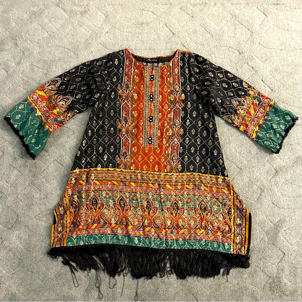 Limelight Pakistan Kurta Top Cotton Self Print Fringe Border Size M Black/Multi